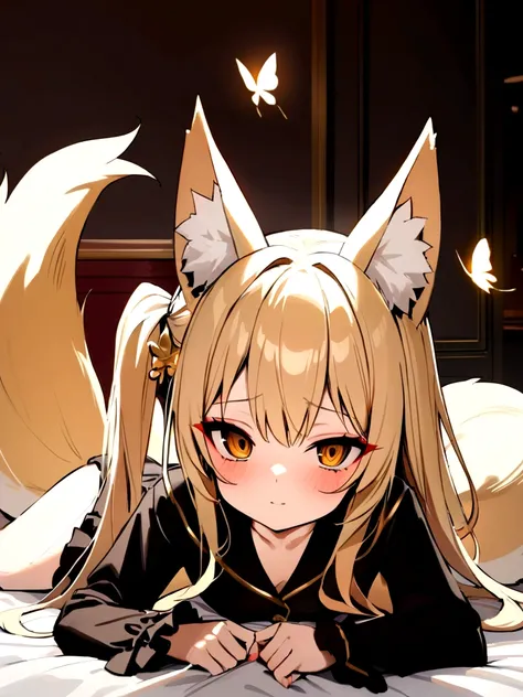 (masterpiece, best quality) junior,detailed, (beautiful,small breasts), blonde,long hair, side ponytail(tied to the left),Hairpin decoration with gold butterfly, elegant, (fox ears),nine tailed fox tail, red eyeshadow, golden eyes, femur，black pajamas,ruff...