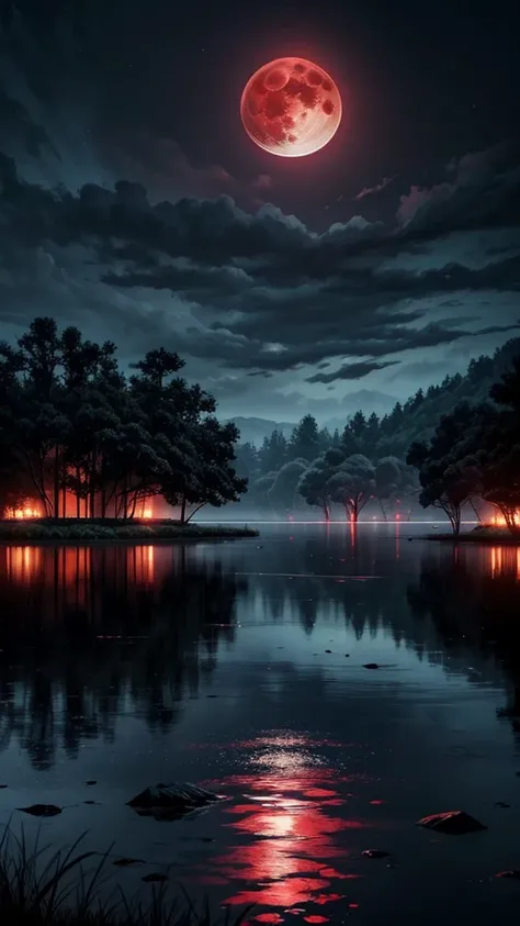 Lake，Giant Tree，Blood Moon Weather，The environment is gloomy and humid，Vast Silence。