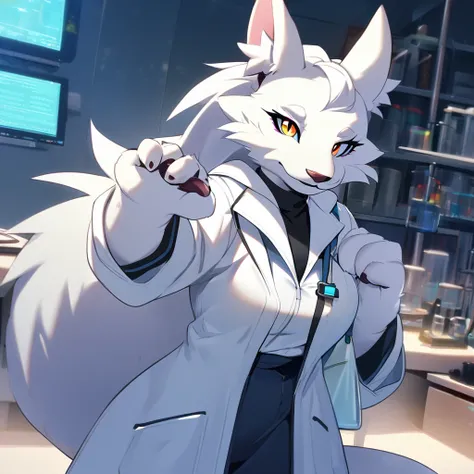 1girl,solo,furry, furry_female,Mature  female,researcher,laboratory,wearing a white coat,looking at viewer,near,standing up,