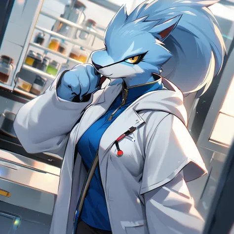 1girl,solo,furry, furry_female,Mature  female,researcher,laboratory,wearing a white coat,looking at viewer,near,standing up,