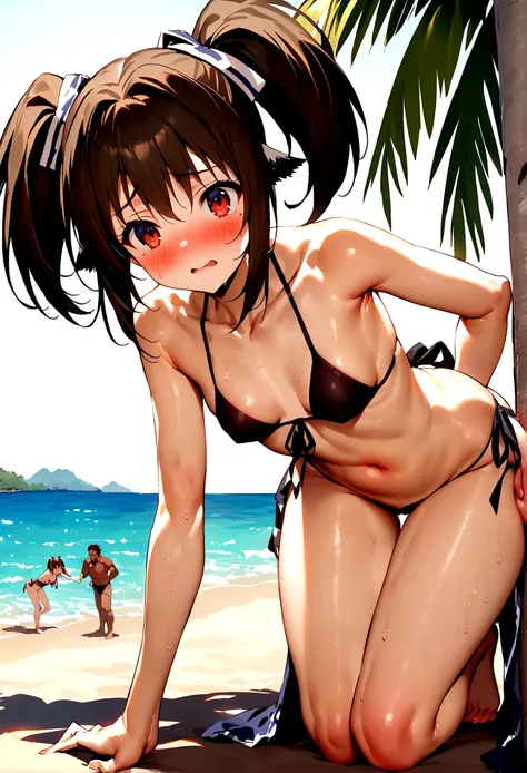 NSFW,masterpiece,Highest quality,High resolution,Super detailed,Nekone (Utawarerumono),Brown Hair、（Red Eye：1.3）、ribbon,Twin tails、ヘアribbon、Mole、目の下のMole,Small breasts,Japanese style,High quality sexy bikini,beach,Palm tree,Rock Shade,Embarrassed,blush,(Sed...