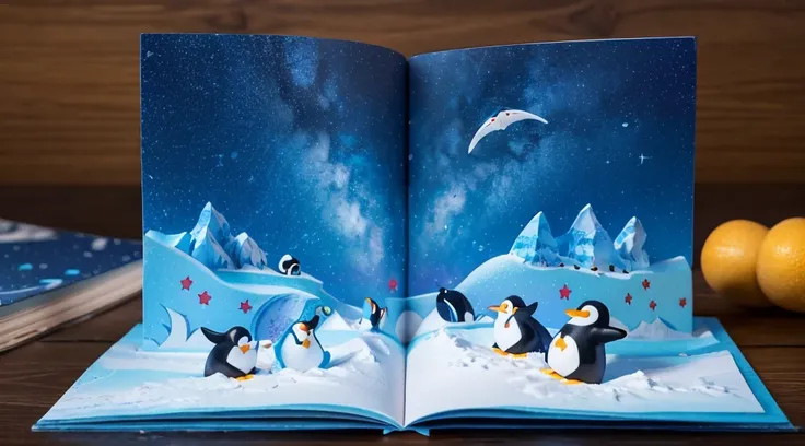 （Pop-up Books：1.5），Cute Penguin 、Antarctica Land，A starry sky（Variety of colors，Highest quality，More details More detailasterpiece，Folk crafts，Cinematic Lighting Effects，4K，Chiaroscuro）