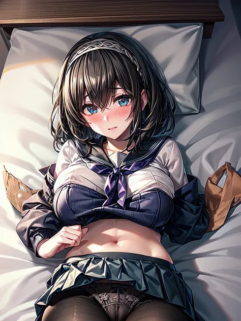 nsfw, (highly detailed beautiful face and eyes:1.2), (((lying))), nsfw, bbfumika, idolmaster, long hair, hairband, ((Sailor School uniform)), ((huge breasted)), Brown panties under pantyhose, torn pantyhose, pussy cutout pantyhose, ((white pantie)), 1girl,...