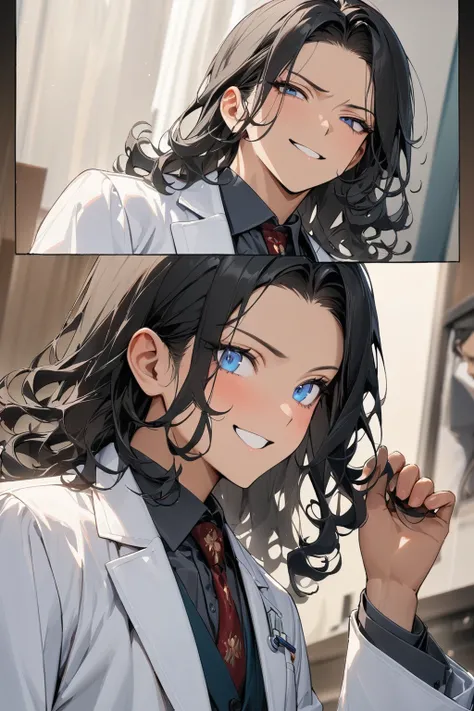 (( straight face picture )) ((best quality)), (Masterpiece)), (details), ( Beautiful colors ) ( ornamentation )( man ) ,doctorหนุ่ม , Tanned skin , black hair,blue eyes ,Shoulder-length hair ,Slightly curly hair , open forehead , suit ,doctor , smile





...