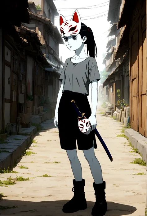 Naruto screenshot of a teenage girl with black hair, white skin, black eyes, slim, wears black shorts, wears a ponytail and a gray tight blouse and black boots, has a blue katana and a fox mask on the side of her head.