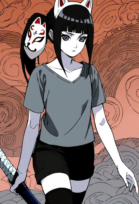 Naruto screenshot of a teenage girl with black hair, white skin, black eyes, slim, wears black shorts, wears a ponytail and a gray tight blouse and black boots, has a blue katana and a fox mask on the side of her head.