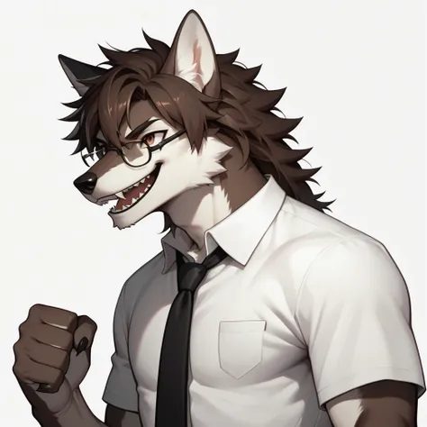 score_9,score_8_up,score_7_up, an anthro furry male wolf, tall and slender, dark brown shaggy hair, brown eyes, black thick rim ...