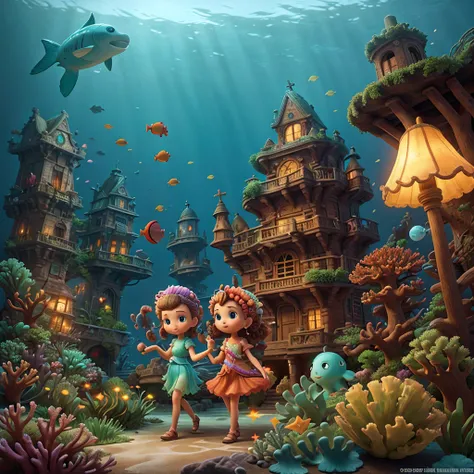 In a brief interim a coral fairy dressed with algae illuminates with St. Elmos Fire a pirate wrecking site on covered by algae and coral, showcasing the wrecked ship partially hidden by the acuatic vegetation, a wooden treasure chest, underwater scene, Car...