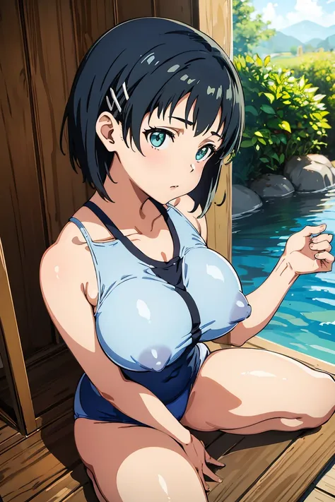 Huge , Kirigaya Naoha(Sword Art Online), One Girl, Bob Hair, Hair Clip, masterpiece、Highest quality、Wet school swimsuit、Swollen nipples