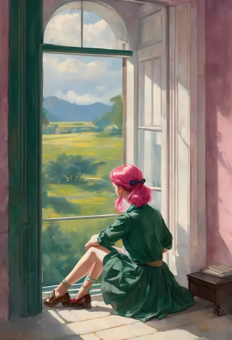 A captivating illustration of a young woman with vibrant pink hair, sitting leisurely on a ledge or window sill. She is dressed in a classic ensemble, wearing a white blouse with a red tie, a green skirt, and knee-high socks. Her relaxed posture, with one ...