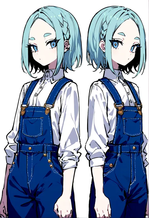 Billie Eilish-style short-haired boy in chic mode。Overall blue