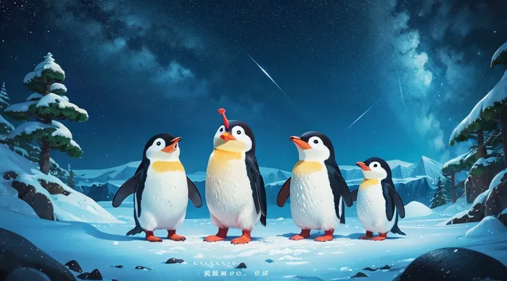 The world of picture books、Cute Penguin 、Antarctica Land，A starry sky（Variety of colors，Highest quality，More details More detailasterpiece，Folk crafts，Cinematic Lighting Effects，4K，Chiaroscuro）