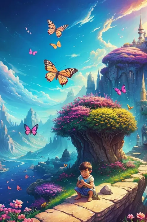 there is a little boy sitting on a rock with a butterfly flying above, colorfull digital fantasy art, digital art fantasy, digital art fantasy art, beautiful digital artwork, fantasy digital art, dreamlike digital painting, beautiful digital art, very beau...