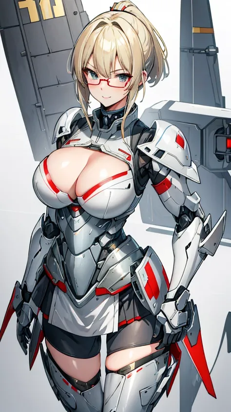 Gray translucent armor，Arm mecha，blonde short hair，Long ponytail hairstyle，Large Breasts，Cleavage，Pistol hanging from waist，fighter pilot，fighter hangar，Sexy，Lipstick，miss，Golden Eyes，stockings，Short skirt，Smile，red glasses