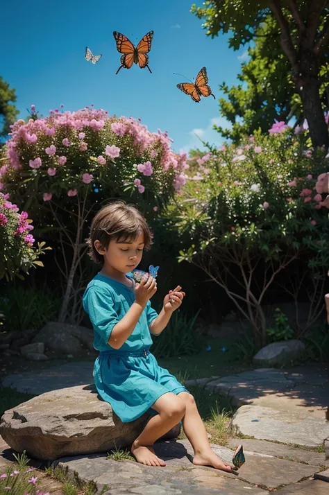 there is a little boy sitting on a rock with a butterfly flying above, colorfull digital fantasy art, digital art fantasy, digital art fantasy art, beautiful digital artwork, fantasy digital art, dreamlike digital painting, beautiful digital art, very beau...