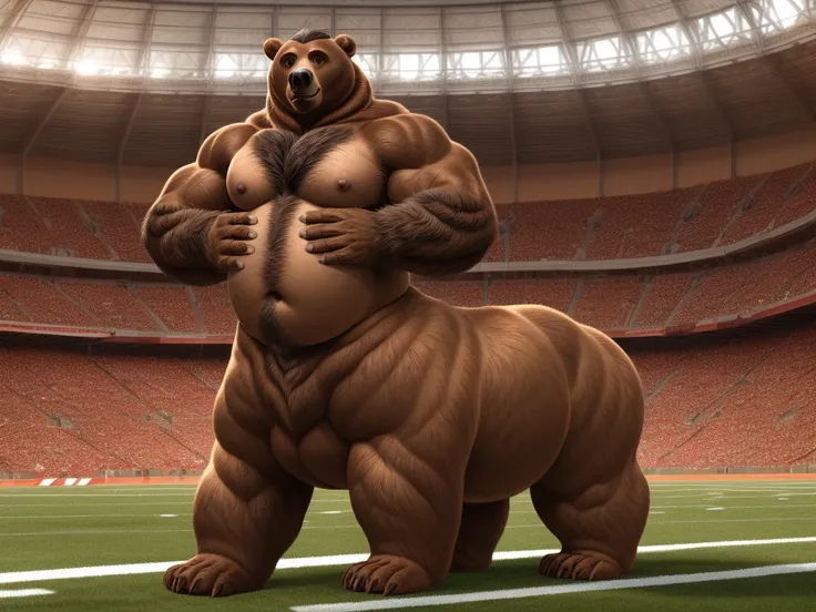 furry, fur taur, beartaur, middle-age, solo, detailed face, bear ears, bear eyes(brown), bear nose(black), bear mouth, garibaldi beard(grey), mature hair(grey), detailed arms, thick arms, muscular, thick hands(5 fingers), detailed body belly, thick body, m...