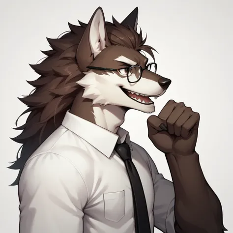 score_9,score_8_up,score_7_up, an anthro furry male wolf, tall and slender, shortdark brown shaggy hair, brown eyes, black thick...