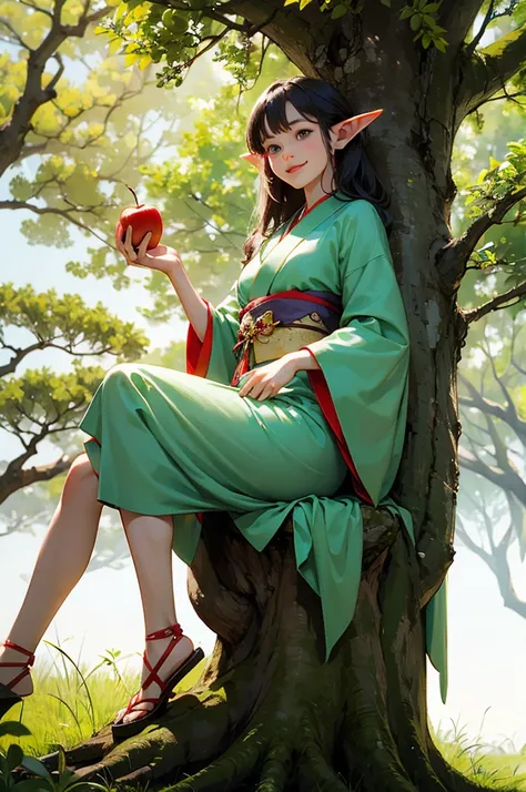 A young elf girl wearing a kimono sits on a large tree stump in a lush forest and bites an apple with a smile