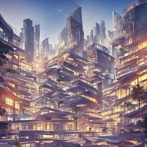 A futuristic and incredibly beautiful architectural structure of a high-rise shopping center with bold, futuristic design elements, merging perfectly with the artistic form of digital illustration. Inspired by the works of Syd Mead. The scene shows the cen...