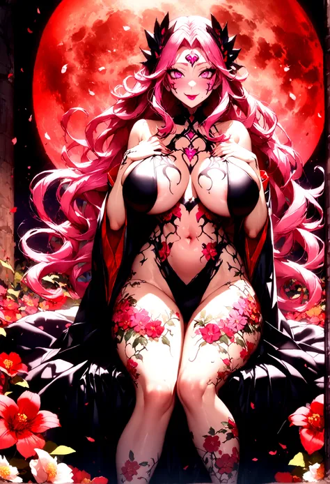 長い髪を持つbeautifulアニメ風のフラワーガール,((Bright flowers)),(((Pink Hair)))Long Wavy Hair,(((Highest quality)))Transparent Hair,Wicked Smile,Eyes full of desire,(((Pink eyes))),Greedy Beauty,(((A well-defined, glamorous body)))((Huge bust))Tight waist,(((Doing body pai...