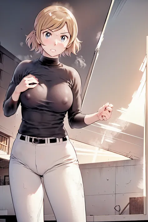 (野球uniform:1.2),
Blonde, (short hair:1.2),Long sleeve, Black Shirt, turtleneck,White trousers、uniform、Black belt、((Illustration of a person))、big 、
View your viewers,, (Highest quality:1.3),One Girl, White pants、uniform、Outdoor、baseball ground、ground、soil、...