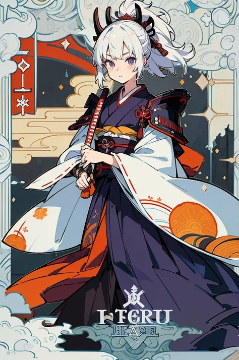 ((Best Quality)), ((Masterpiece)), (detailed), 1 girl, character design, CHARACTER SHEET, traditional japanese kimono, samurai, armor samurai, girl with kimono and samurai and samurai elements, armor, kimono, purple, by hime cut, epic design, Kimono samura...