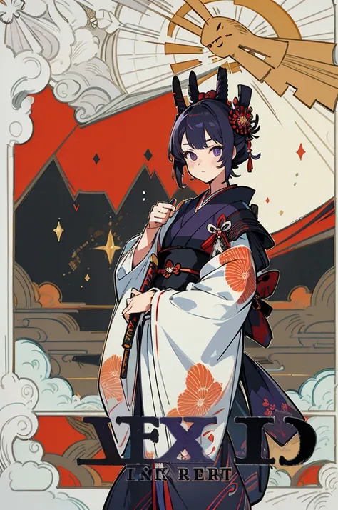 ((Best Quality)), ((Masterpiece)), (detailed), 1 girl, character design, CHARACTER SHEET, traditional japanese kimono, samurai, armor samurai, girl with kimono and samurai and samurai elements, armor, kimono, purple, by hime cut, epic design, Kimono samura...