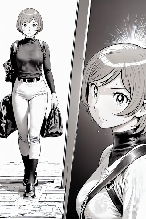 (野球uniform:1.2),
Blonde, (short hair:1.2),Long sleeve, Black Shirt, turtleneck,White trousers、uniform、Black belt、((Illustration of a person))、big 、
View your viewers,, (Highest quality:1.3),One Girl, White pants、uniform、Outdoor、baseball ground、ground、soil、...