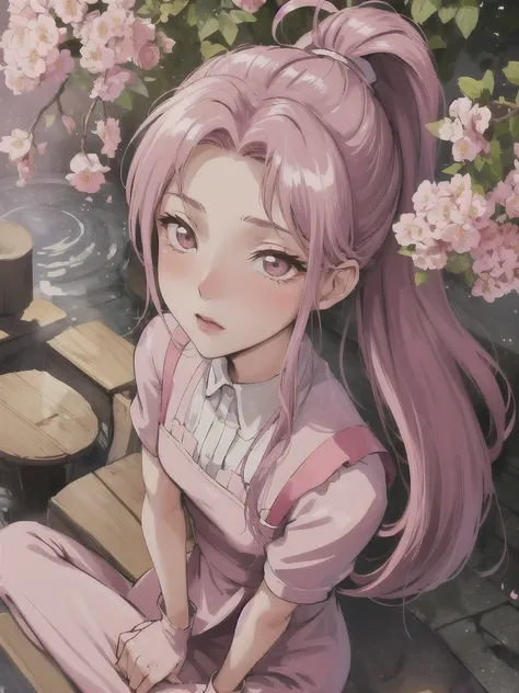 A girl ，Light pink cherry blossom dress，High Ponytail，Sweet expression，big eyes，Blush on face，Slight blush on the face，Shy expression，Hands behind your back，little cherry mouth，Full body shot，Stand among the flowers，There are many trees around