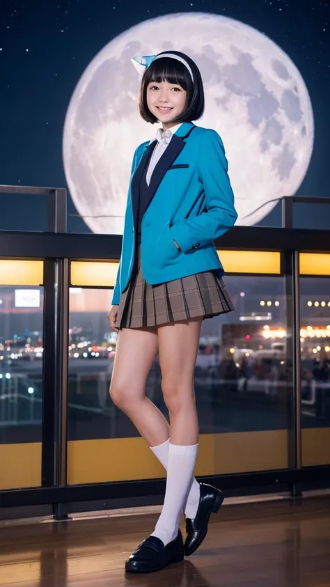 Japanese, high school girl, smile, young face, black hair, bob cut hair, blue hairband, light blue blazer jacket, white blouse, blue ribbon decoration on collar, blue pleated skirt, black socks, dark brown loafers, Ferris wheel, promenade, standing in fron...