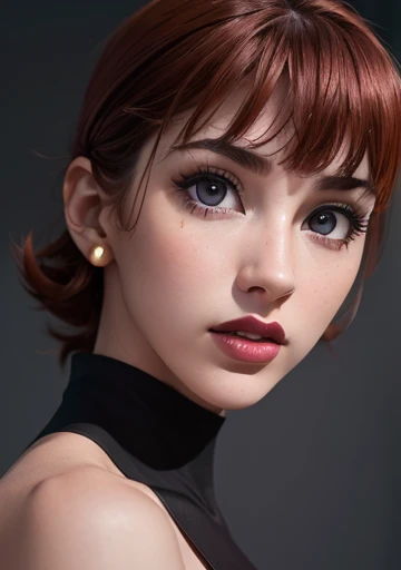 Photography, professional full body (detailed face and eyes: 1.4), purple eyes (deep necklines: 1.3), colorful and color photography of woman, nudes (dark makeup), neck, earrings (dark lipstick), divided lips, sharp focus, focus on face, incredibly sharp d...