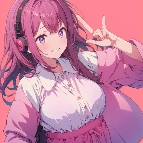 1girl、Big Peace Sign、Small breastsｍ、Simple Background、smile、headphone、