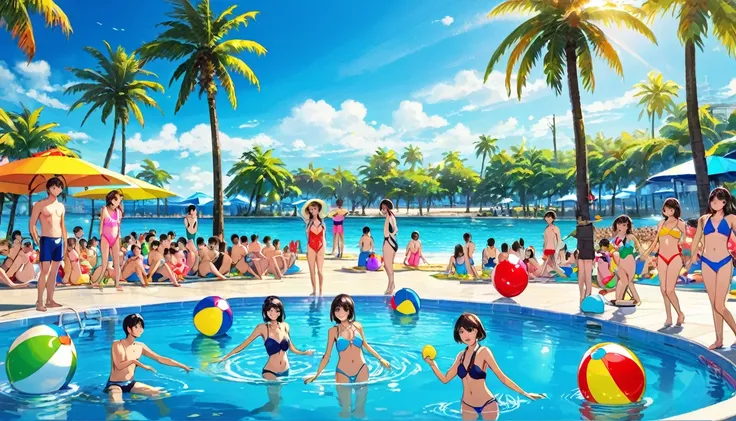 In the pool, colorful swim rings and beach balls are scattered、A scene of men and women in stylish swimsuits having fun。In the background you can see blue sky and palm trees.、The sunlight reflects off the water surface, making it sparkle。Everyone is smilin...