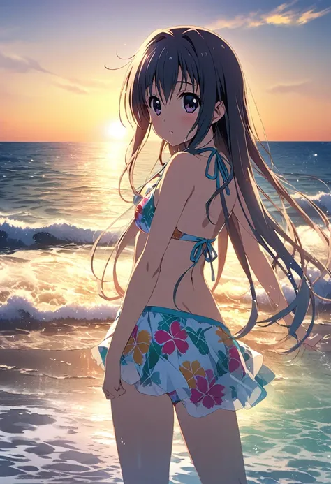 "In a dynamic manga style, a highly transparent girl,kotegawa yui,to love-ru,wearing tropical pattern bikini,stands against the ocean waves and the horizon at sunset. The character is highly transparent, allowing the movement of the waves and the reflectio...