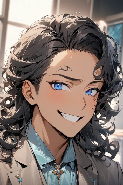 (( straight face picture )) ((best quality)), (Masterpiece)), (details), ( Beautiful colors ) ( ornamentation )( 1 man ) ,doctorหนุ่ม , Tanned skin , black hair,blue eyes ,Shoulder-length hair ,Slightly curly hair , open forehead , suit ,doctor , smile



...