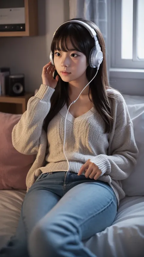 Girl listening to music with headphones in her room at night