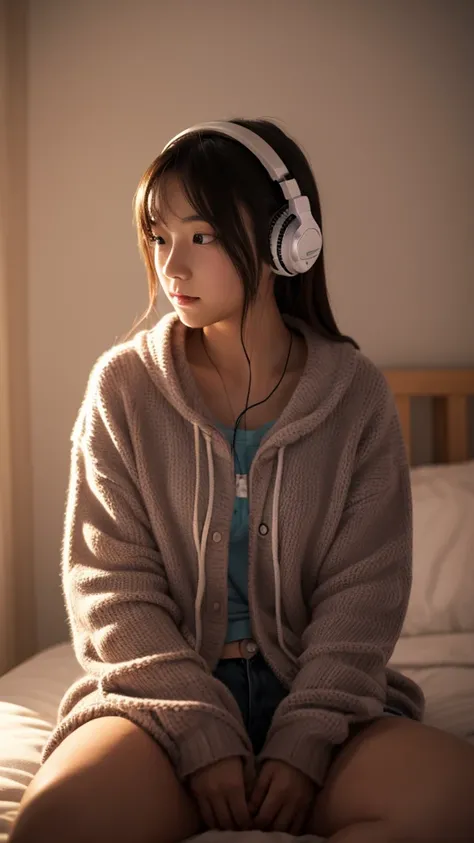 Girl listening to music with headphones in her room at night