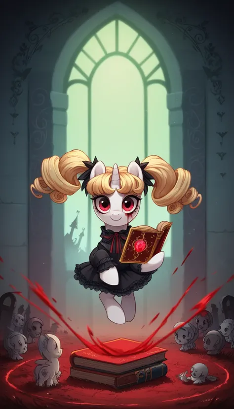 score_9,score_8_up,score_7_up,score_6_up, filly, unicorn, white fur, curly blonde hair, twintails, red eyes, Gothic pony, cute lolita fashion, glowing backlight, fashion show, graveyard, glitter, whimsical, enchanted, magical, fantasy art concept, intricat...