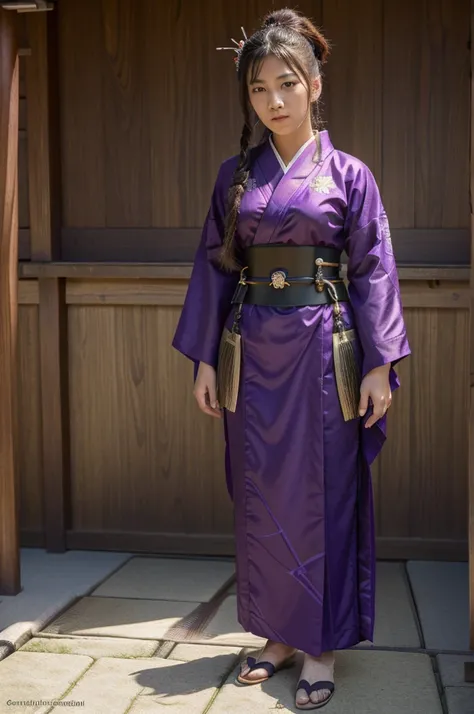 ((Best Quality)), ((Masterpiece)), (detailed), 1 girl, character design, CHARACTER SHEET, traditional japanese kimono, samurai, armor samurai, girl with kimono and samurai and samurai elements, armor, kimono, purple, by hime cut, epic design, wide, Kimono ...