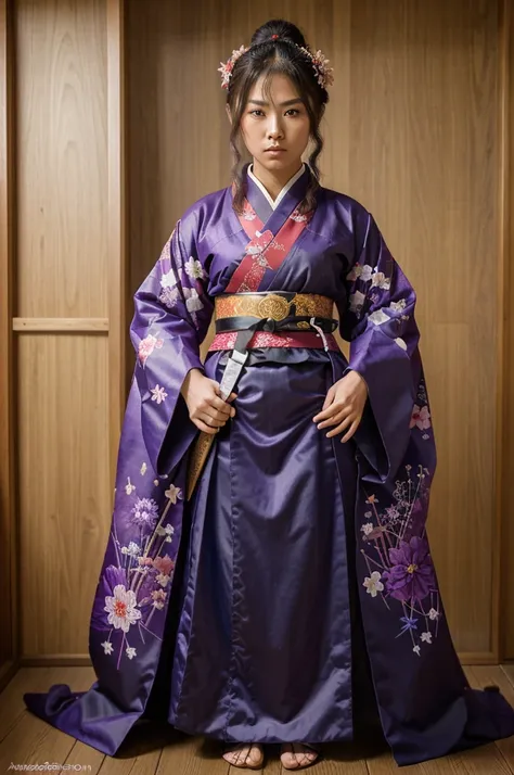 ((Best Quality)), ((Masterpiece)), (detailed), 1 girl, character design, CHARACTER SHEET, traditional japanese kimono, samurai, armor samurai, girl with kimono and samurai and samurai elements, armor, kimono, purple, by hime cut, epic design, wide, Kimono ...