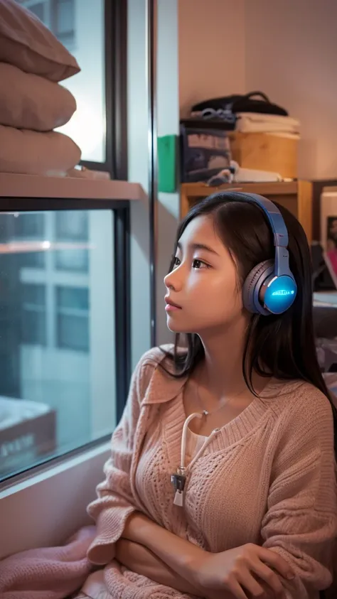 Girl listening to music with headphones in her room at night