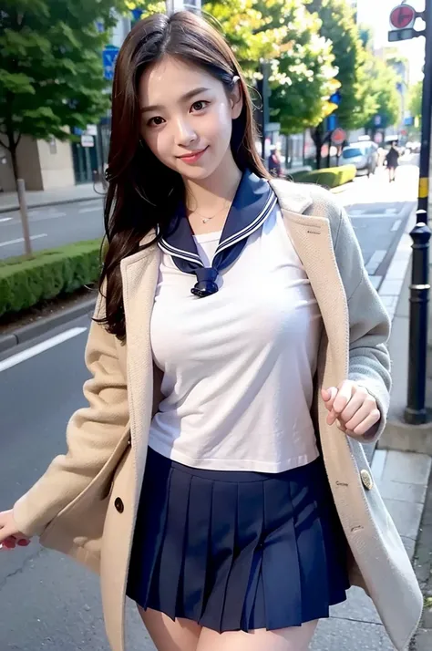 face is :9,3157126699], Realistic high school girl in summer uniform playing in the city, Move ki。serafuku、Seifuku, loose coat collar sailor uniform, Japan , A smile、Skirt and thighs、Raw photo, (in 8K、top-quality、​masterpiece:1.2)、(intricate detailes:1.4)、...