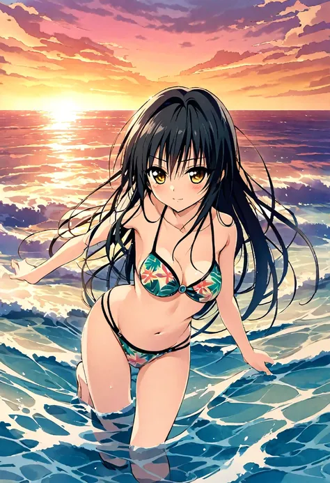 In a dynamic manga style, a highly transparent girl,kotegawa yui,to love-ru,wearing tropical pattern bikini, stands against the ocean waves and the horizon at sunset. The character is highly transparent, allowing the movement of the waves and the reflectio...