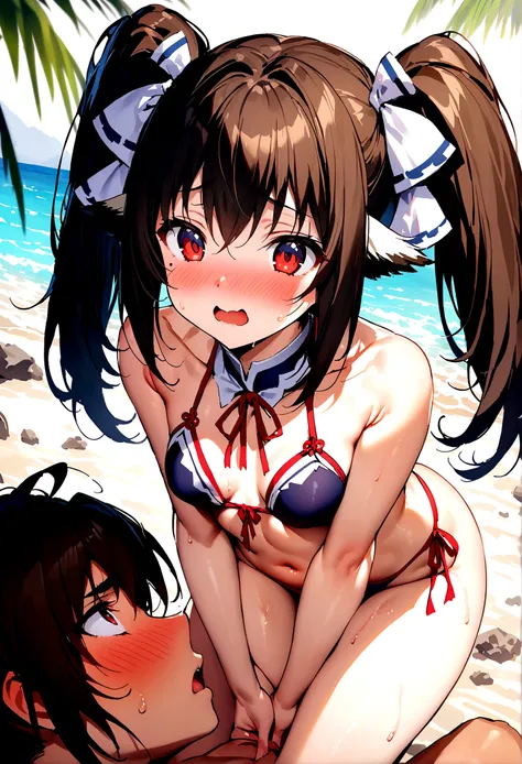 NSFW,masterpiece,Highest quality,High resolution,Super detailed,Nekone (Utawarerumono),Brown Hair、（Red Eye：1.3）、ribbon,Twin tails、ヘアribbon、Mole、目の下のMole,Small breasts,Japanese style,High quality sexy bikini,beach,Palm tree,Rock Shade,Embarrassed,blush,(Ecs...