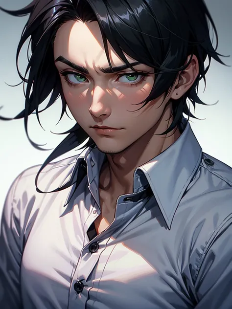 ((Portrait Photo)), He has a Youthful and Nonchalant Black-Haired Appearance, with a Slim Build and Calm Demeanor. He Expresses an Indifferent and Lazy Look, Giving Off a Serene Glint. He has Light Green Eyes, and His Hair is Short, Black and Tousled, with...