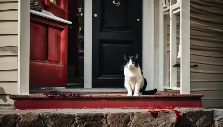 black and white cat at front doorstep inside house behind a bloody tongue on the ground 