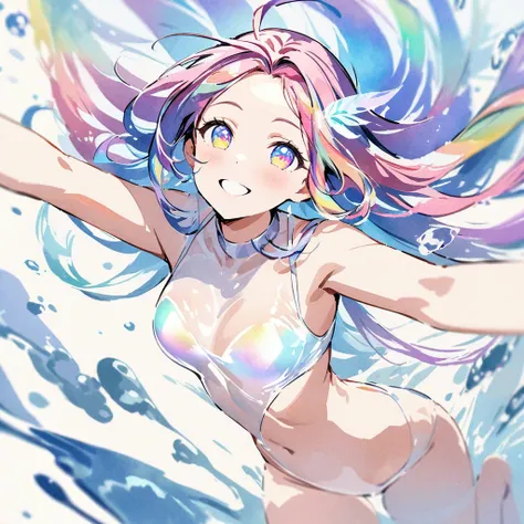 Top quality, masterpiece, watercolor style, female, Rainbow long hair,Rainbow Eyes, transparent feathers, Transparent tulle iridescent swimsuit that allows light to shine through, spectacular splashes of water, sea of ​​galaxies, sea of ​​stars, arms sprea...