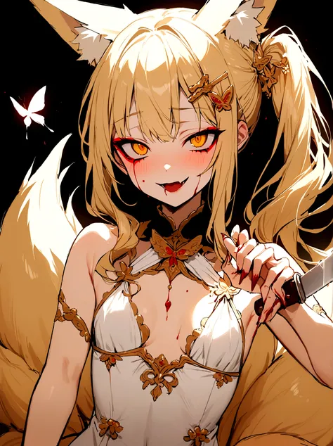 (masterpiece, best quality) junior,detailed, (beautiful,small breasts), blonde,long hair, side ponytail(tied to the left),Hairpin decoration with gold butterfly, elegant, (fox ears),nine tailed fox tail, red eyeshadow, golden eyes, femur，girl,Yandere expre...