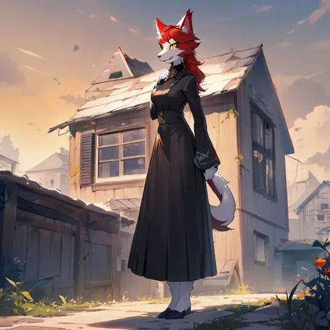 1girl,solo,furry, furry_female,Mature female,cat humanoid,red hair,Yellow eyes,tall person,tall stature,slender,looking at viewer,very near,house