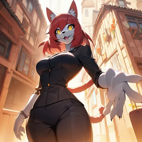 1girl,solo,furry, furry_female,Mature female,cat humanoid,red hair,Yellow eyes,tall person,tall stature,slender,looking at viewer,very near,house